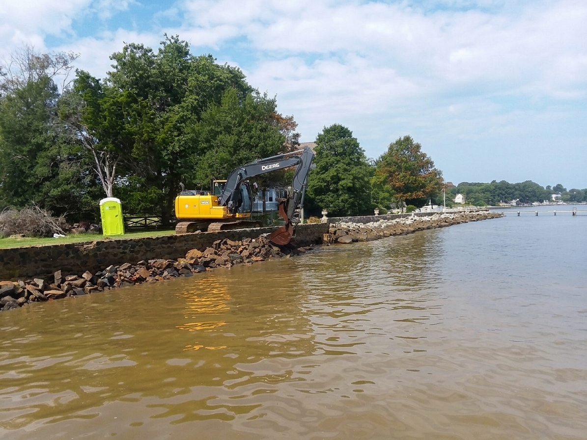 Before: Chesapeake Bay Stone Reinforcement — the failing timber bulkhead in muddy water as demolition begins.