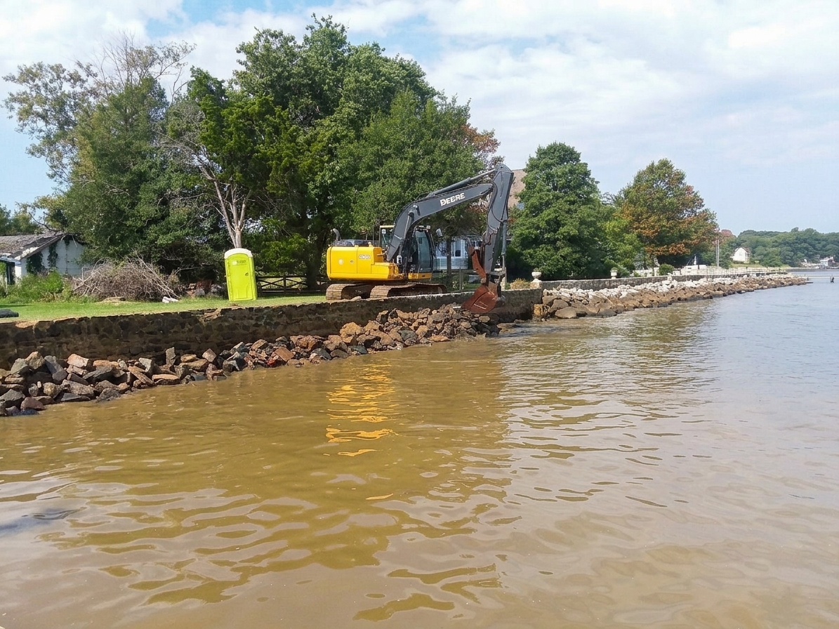 Chesapeake Bay Stone Reinforcement: an excavator removing the failed bulkhead.