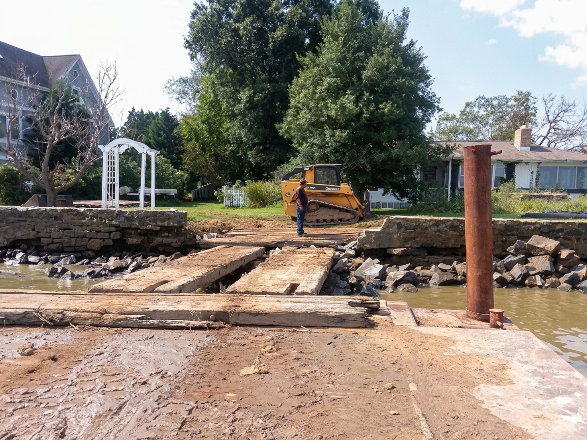 Chesapeake Bay Stone Reinforcement: the old bulkhead mid-demolition, a skid steer on the lawn.