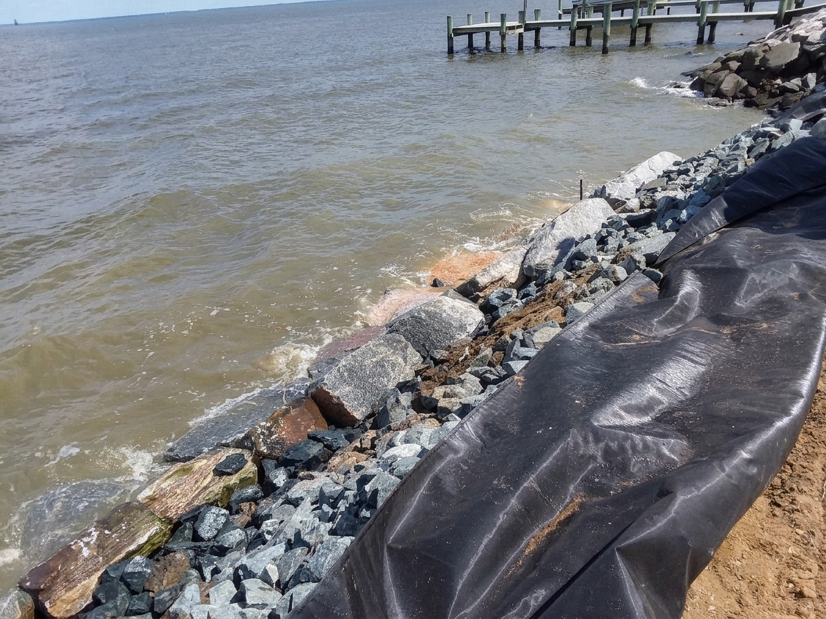 Chesapeake Bay Stone Reinforcement: filter fabric laid and granite placed against the Bay chop.