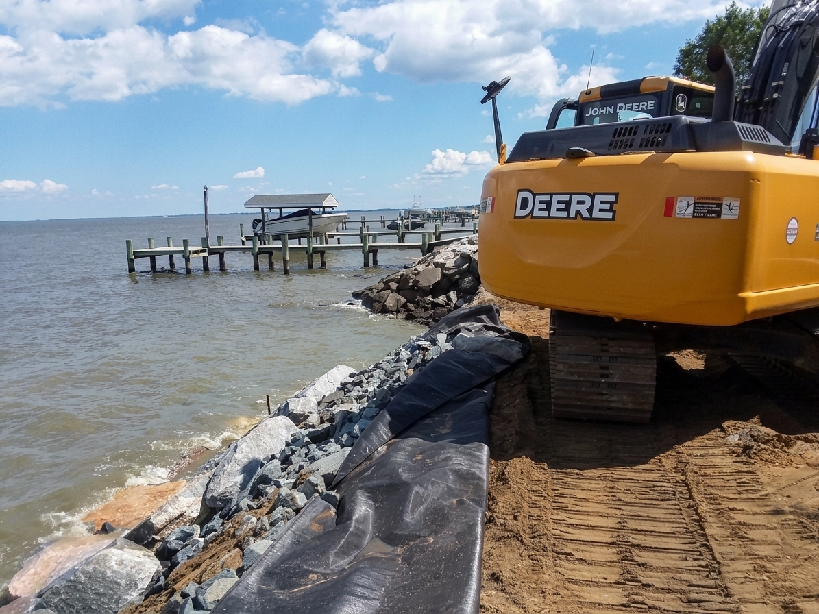 Chesapeake Bay Stone Reinforcement: an excavator setting stone over filter fabric.