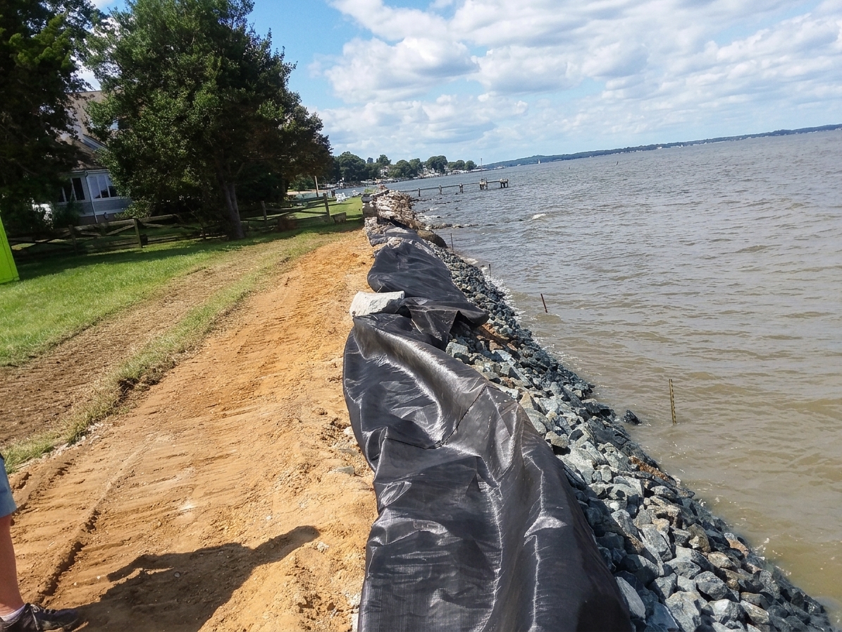 Before: Chesapeake Bay Stone Reinforcement — fabric and stone placement late in construction.