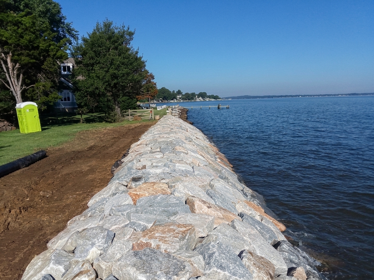 The finished stone edge of a WEDC Chesapeake Bay project, with open water and a dock.