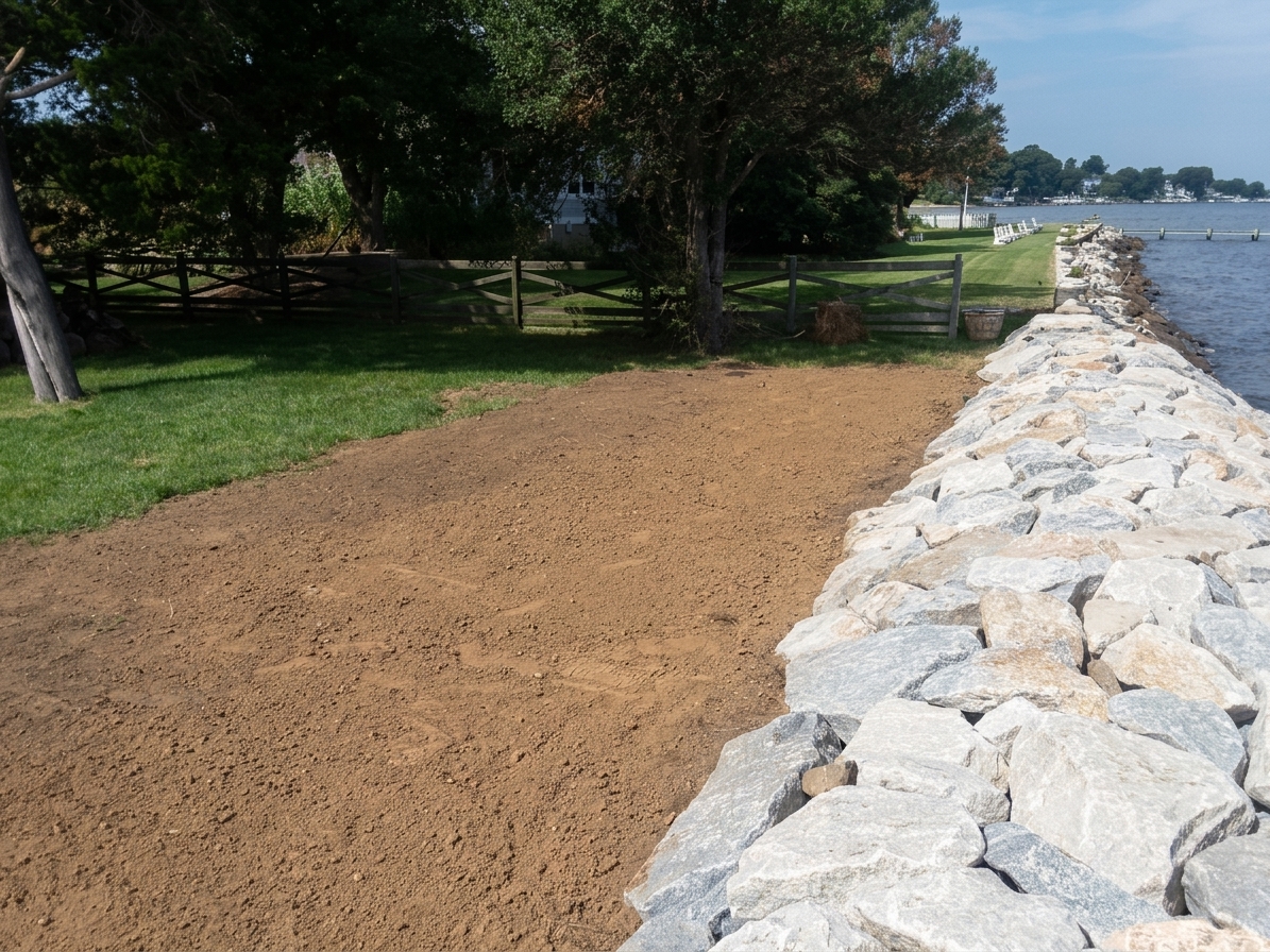 Chesapeake Bay Stone Reinforcement: finished stone beside the graded lawn bed.