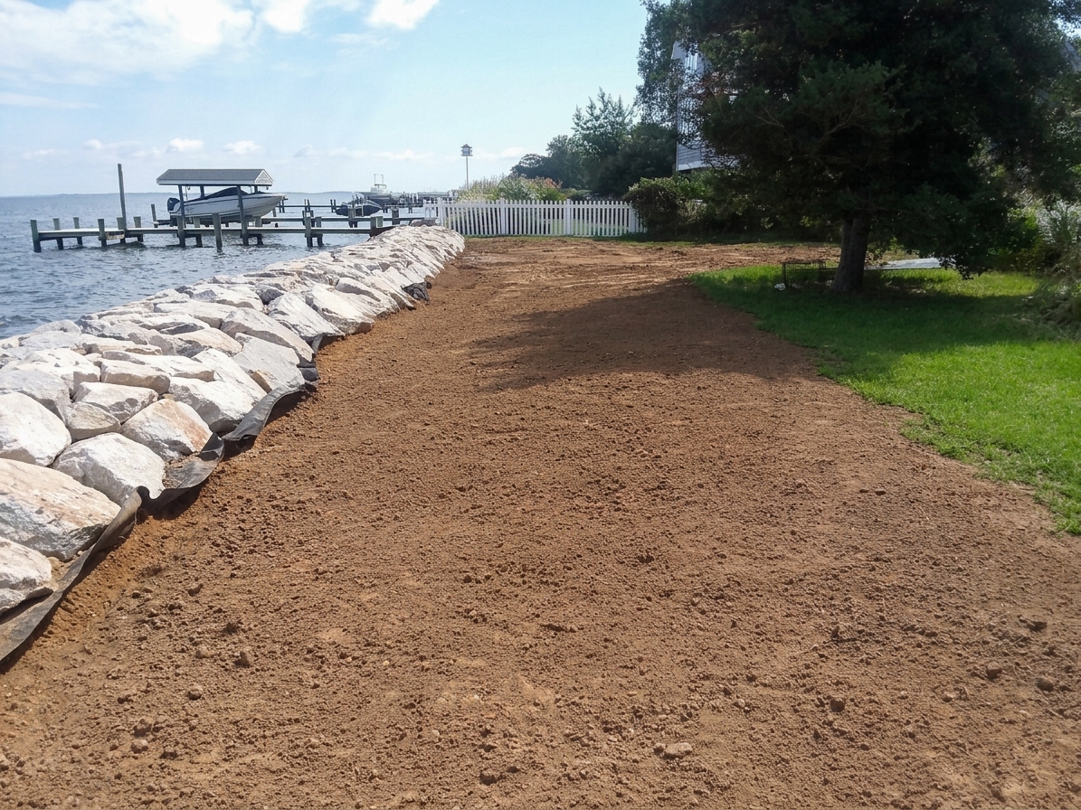 Chesapeake Bay Stone Reinforcement: the finished stone running toward the dock.