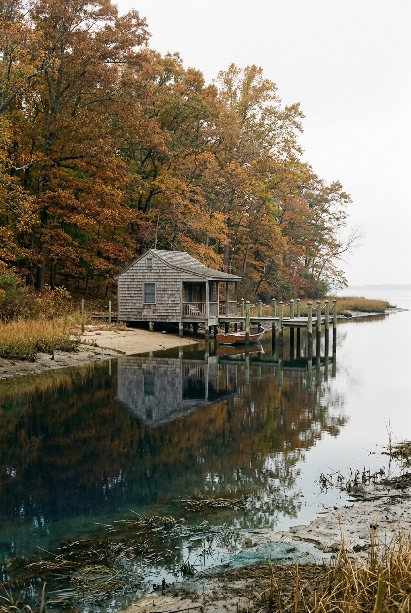 A quiet residential dock and small boathouse on a tidal creek, autumn trees reflected in still water.