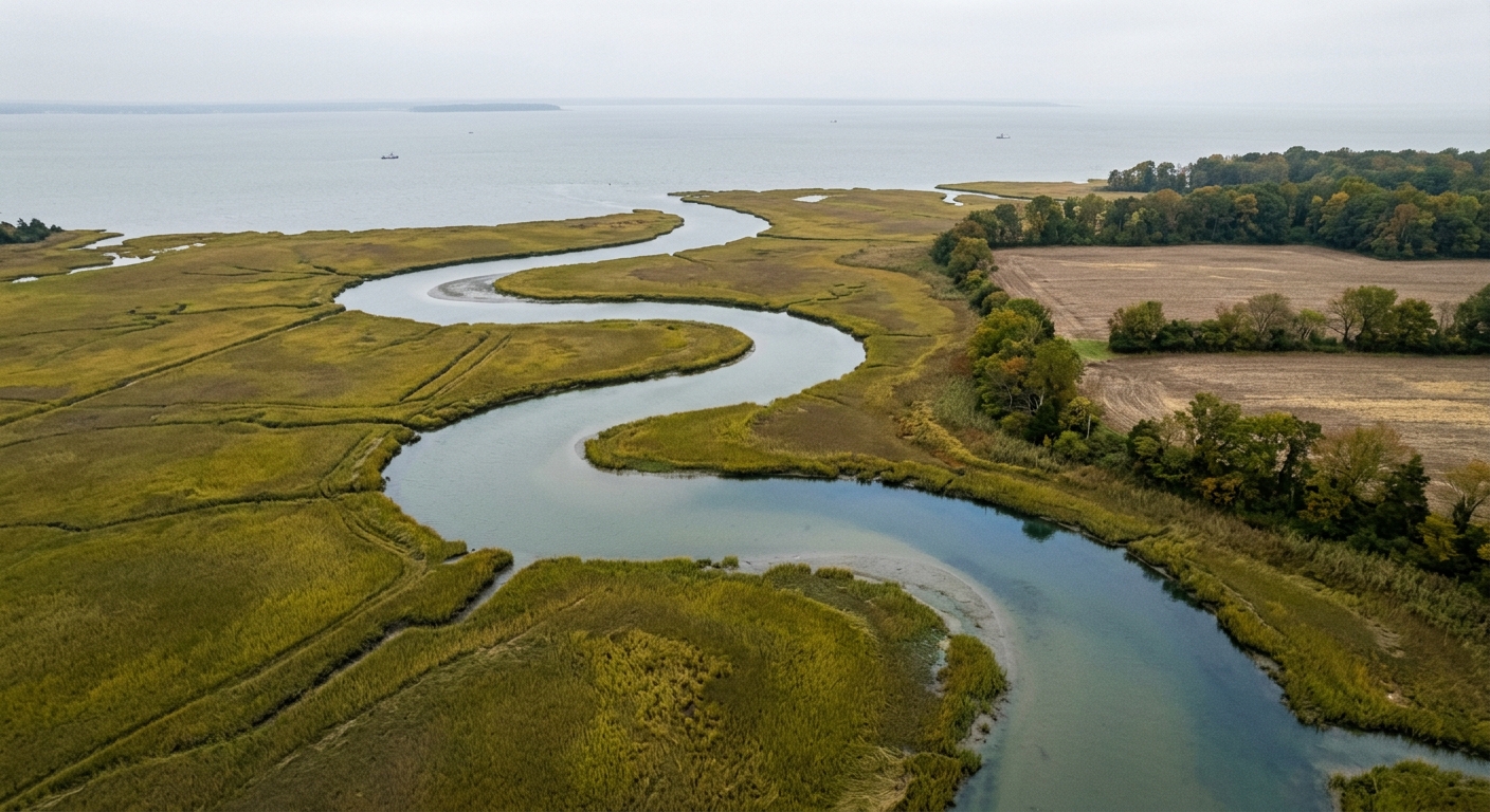 Aerial of a tidal creek winding through salt marsh to the open Chesapeake Bay.