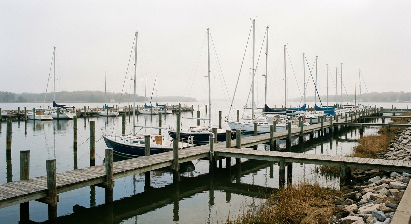 Sailboat masts and timber finger piers at a Chesapeake marina in early morning light.