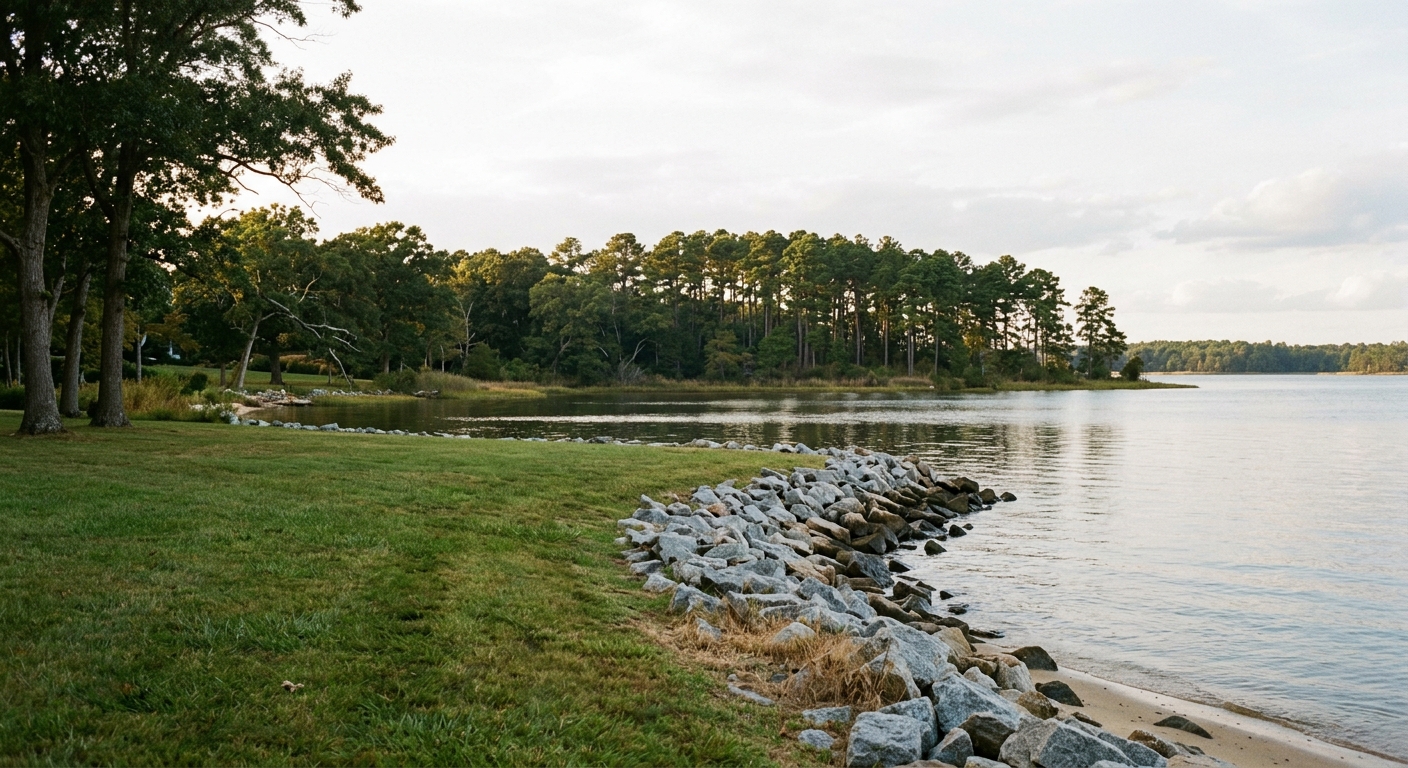 A Chesapeake waterfront lawn meeting a grey granite revetment along calm tributary water at golden hour.