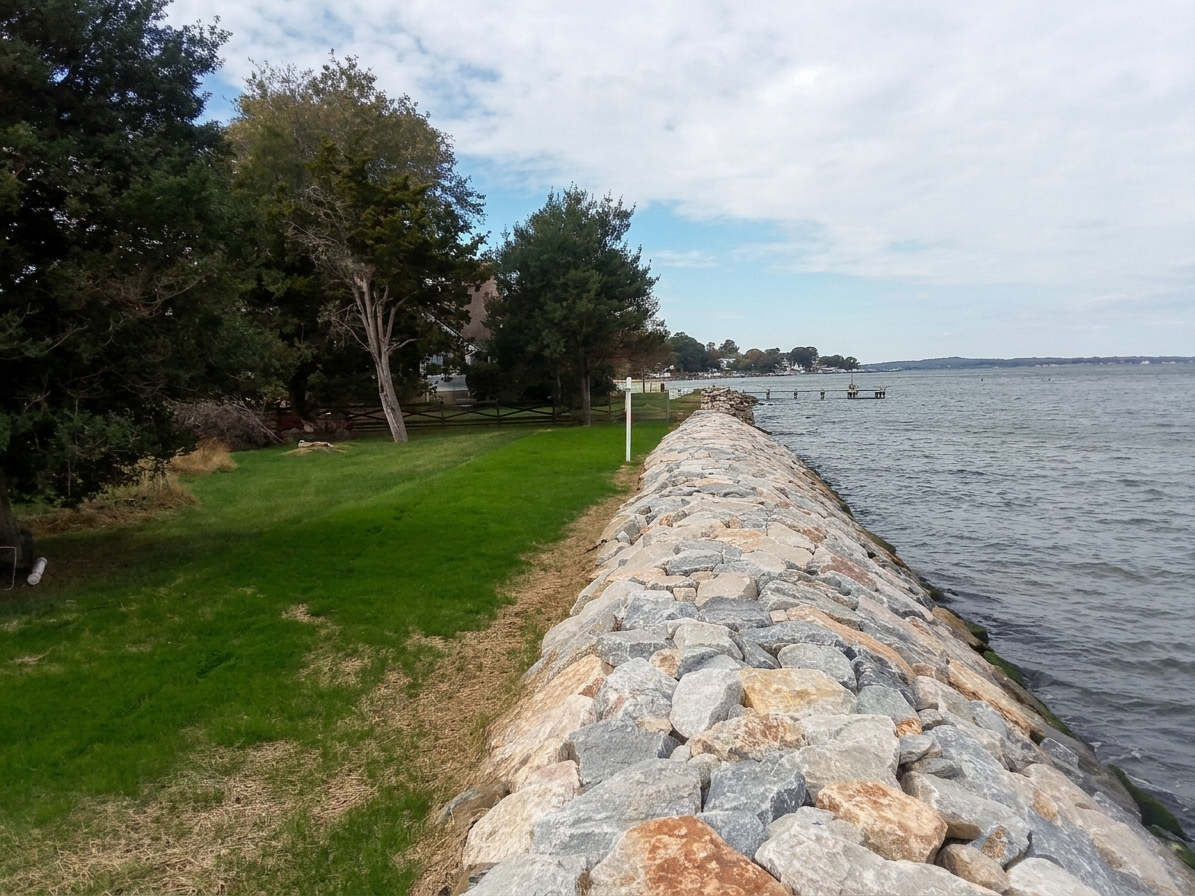 The finished Chesapeake Bay stone reinforcement running along a waterfront lawn.