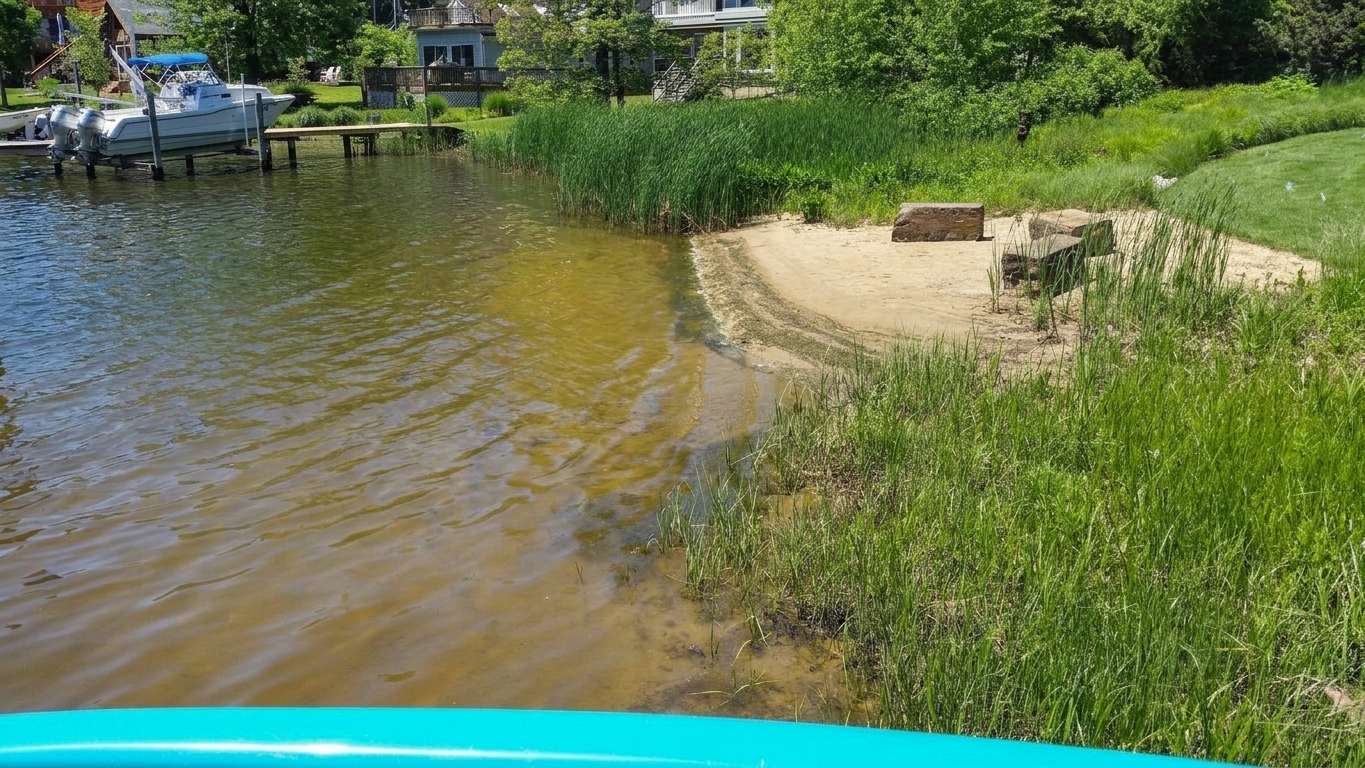 A WEDC living shoreline and small beach beside a dock with a moored boat.