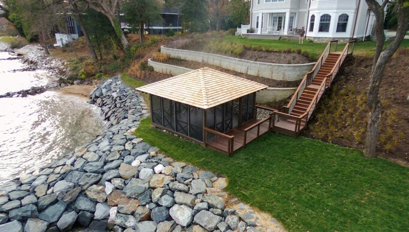 Aerial of a Severn River hillside WEDC stabilized: curved stone revetment, stone steps and terraced walls below a waterfront home.