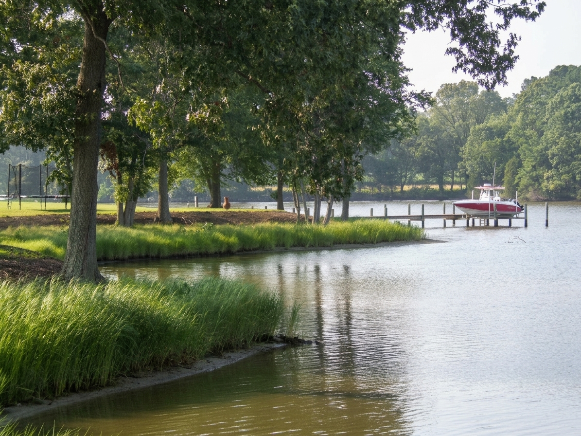 The Miles River living shoreline: marsh grass along the bank, with a pier and boat beyond.