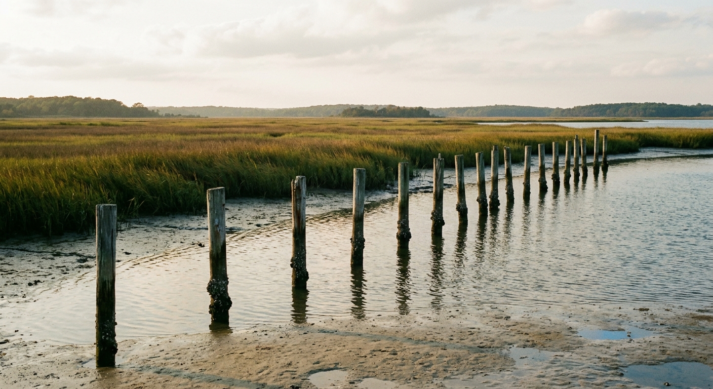 A spartina marsh shoreline with weathered timber pilings standing in shallow bay water in low afternoon light.