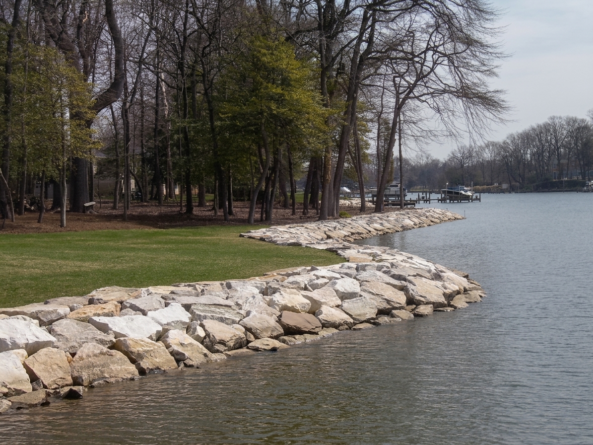 A WEDC stone revetment curving along a tree-lined river lawn.