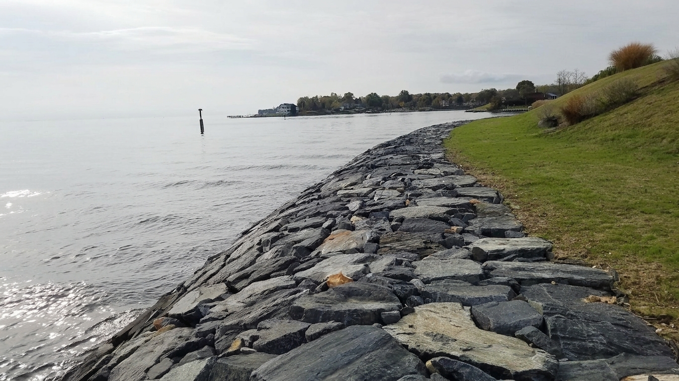 Finished stone revetment along a mown waterfront lawn at Turkey Point, a WEDC project.