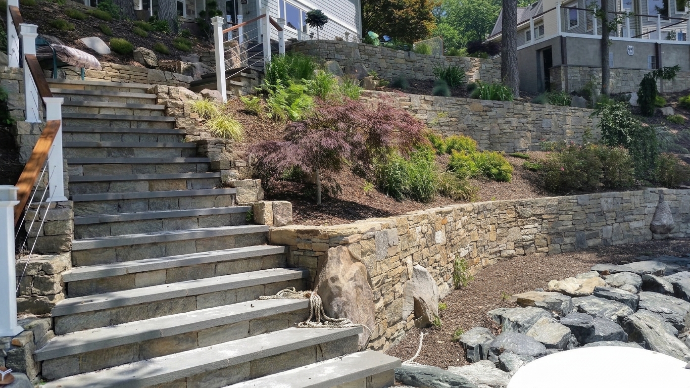 Stone steps and terraced retaining walls climbing a Severn River hillside from the water, a WEDC project.