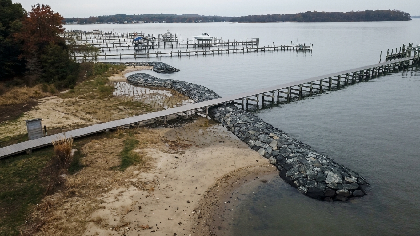 Aerial of the Turkey Point living shoreline: a curved stone sill with a timber pier crossing it.