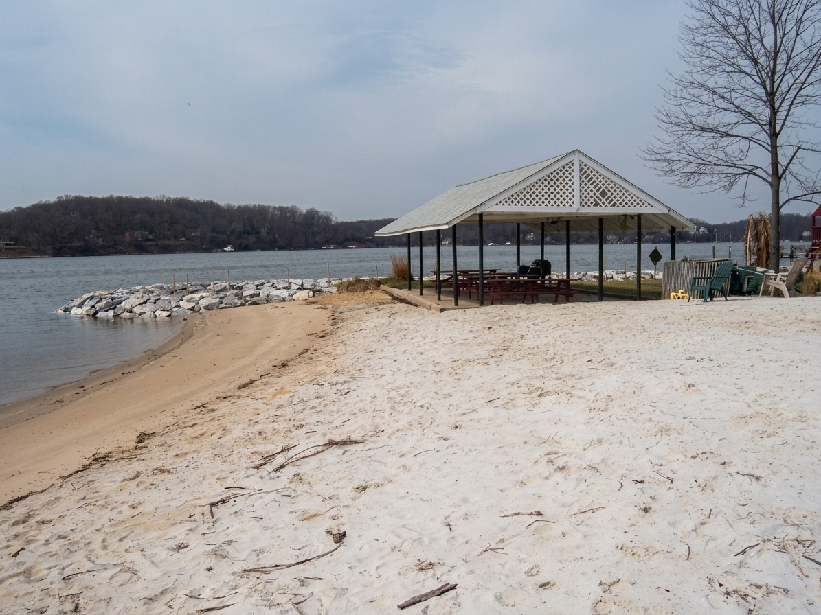 The replenished Winchester on the Severn community beach and its pavilion.