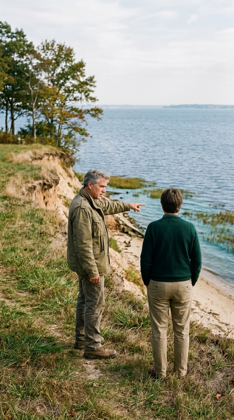 An engineer and a homeowner standing on an eroding waterfront bluff.