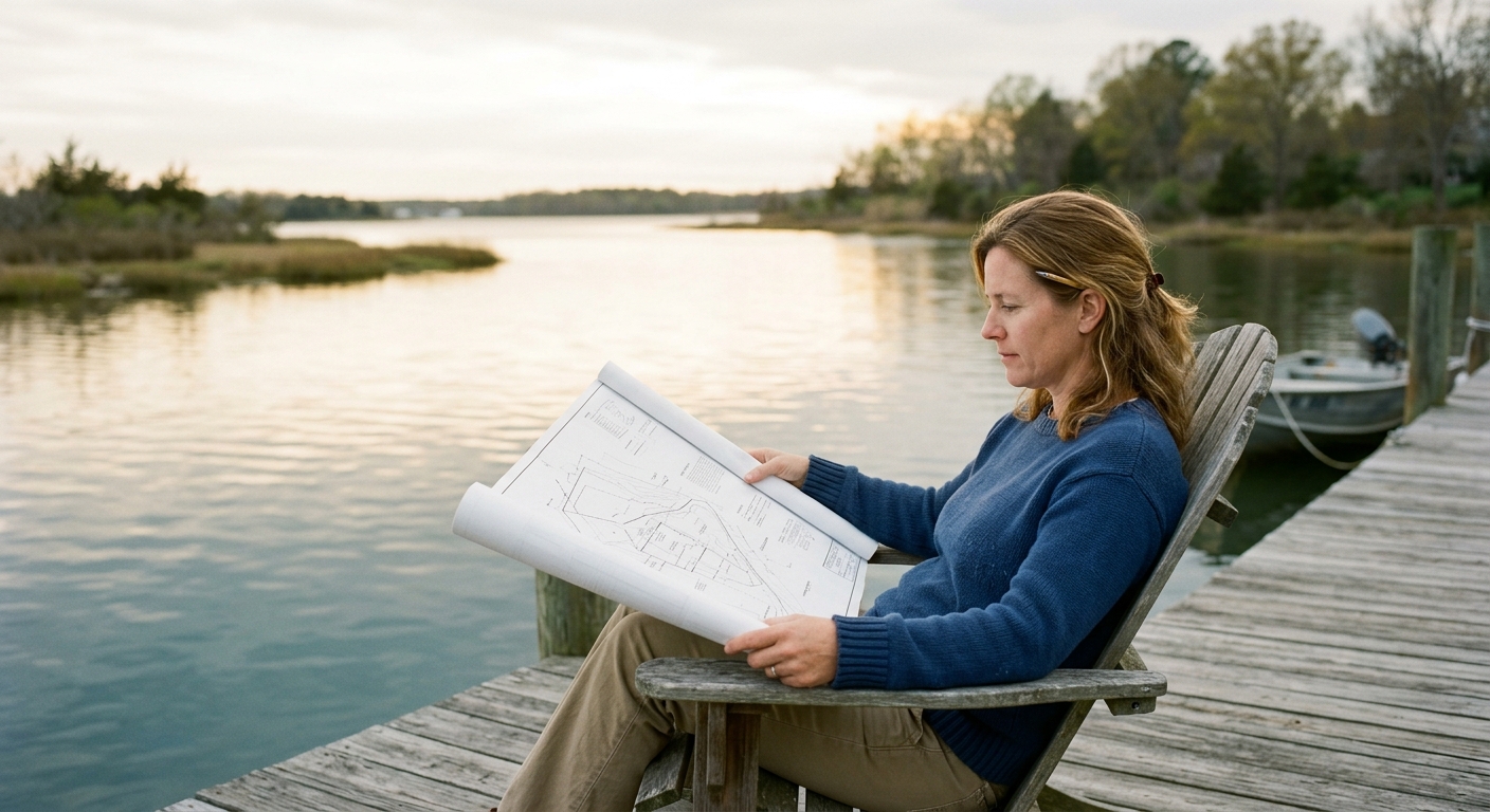 A homeowner sitting on her dock reading a set of site plans, the bay behind her.