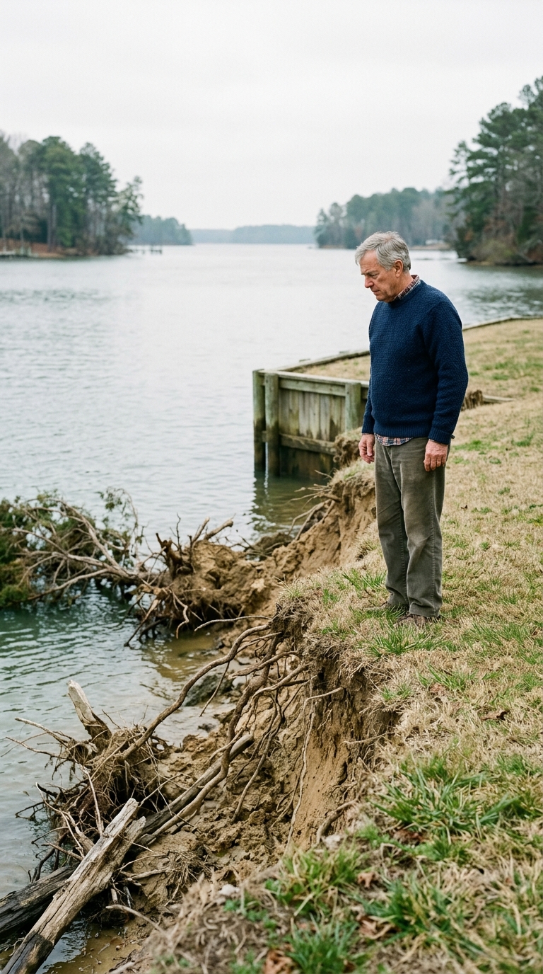 A homeowner at the top of his lawn looking down at an eroding shoreline.