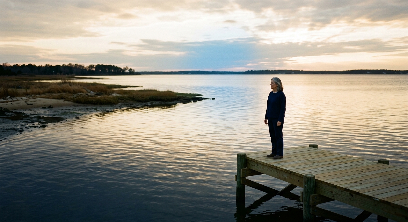 A homeowner standing alone at the end of a timber pier at dusk over calm bay water.