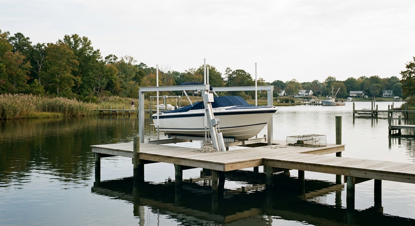 Illustrative example: a private dock with a new boat lift holding a runabout clear of the water.