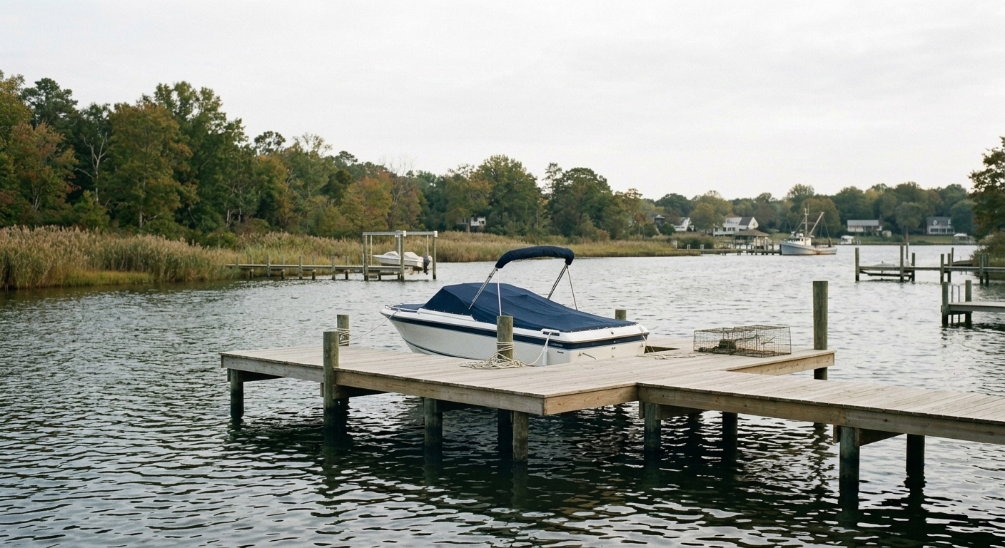 Illustrative example: a private dock with a boat tied low against the pilings.
