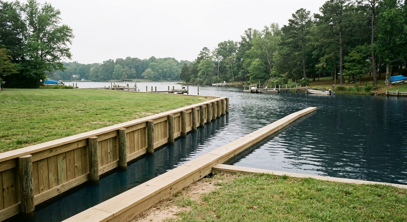 Illustrative example: a new timber bulkhead with fresh pilings and a clean cap.