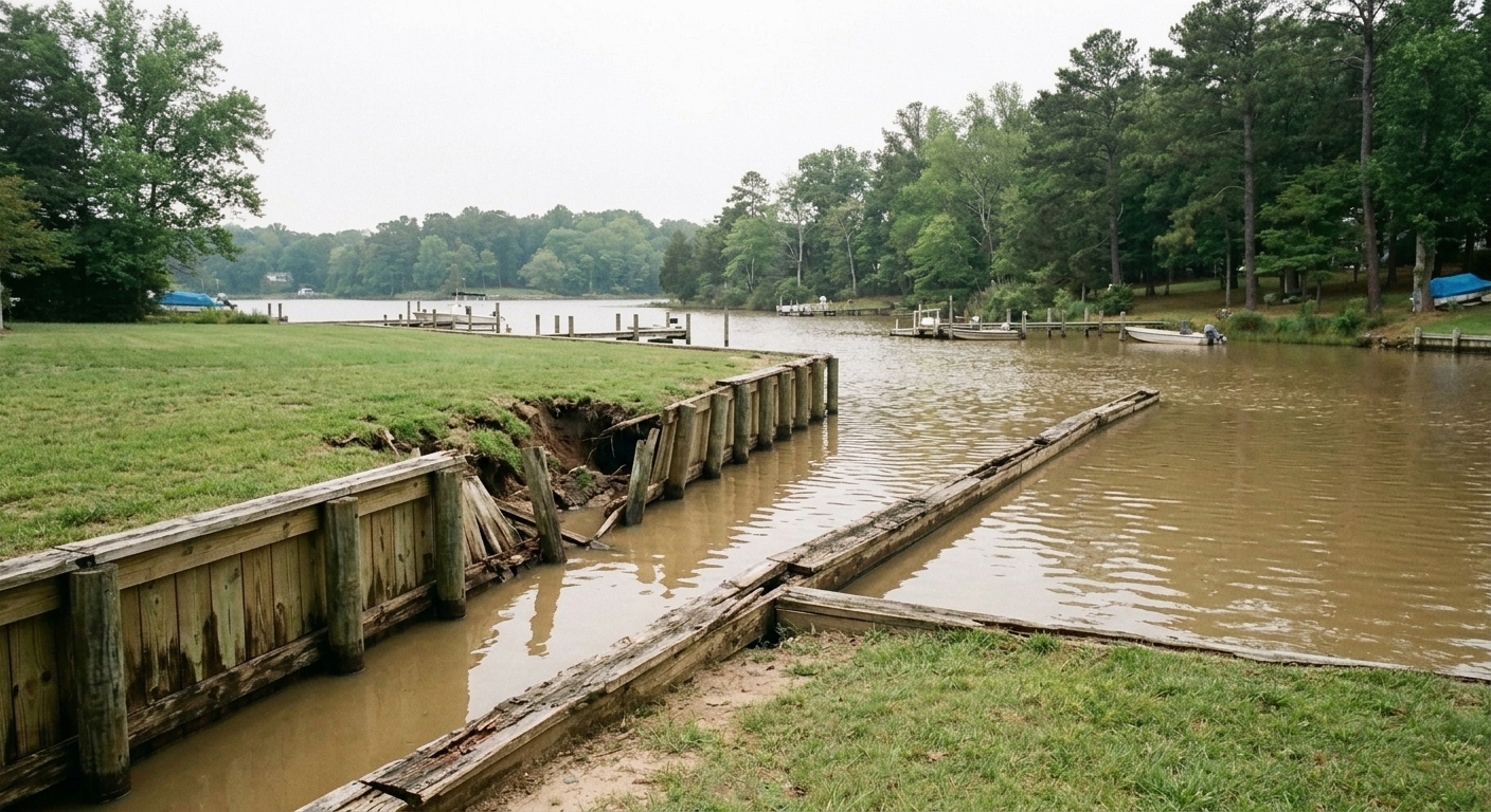 Illustrative example: a failing timber bulkhead leaning out, with a slumped lawn behind it.