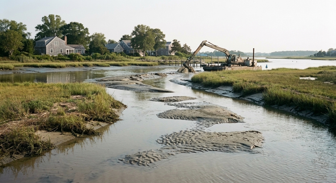 Illustrative example: a shoaled tidal channel with exposed sandbars and a small dredge working.