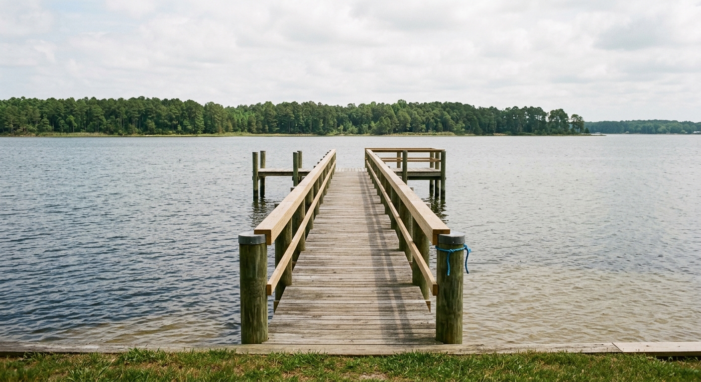 Illustrative example: a rebuilt straight timber pier running out to a small platform.