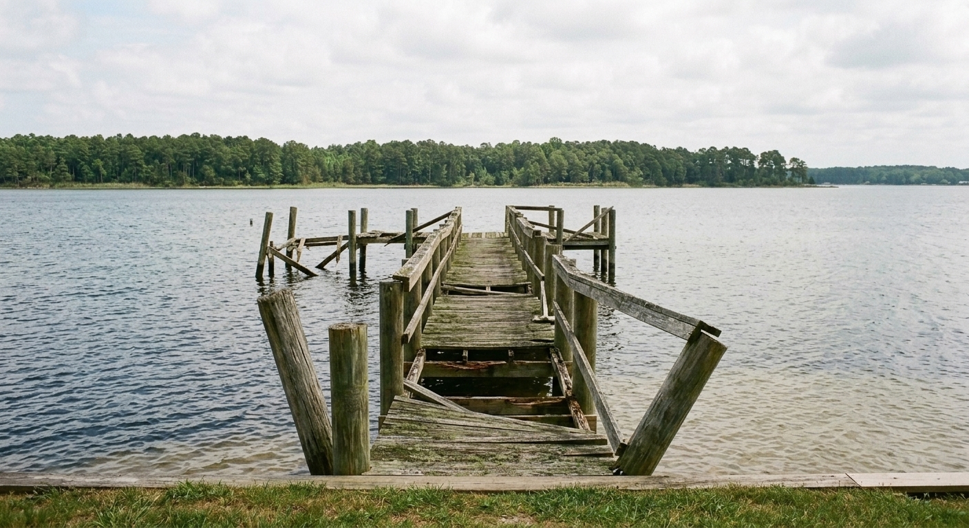 Illustrative example: a sagging residential pier with missing boards and leaning pilings.