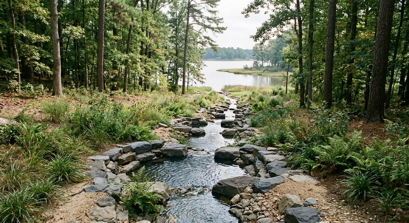 Illustrative example: a stone step-pool stormwater conveyance with native plantings.