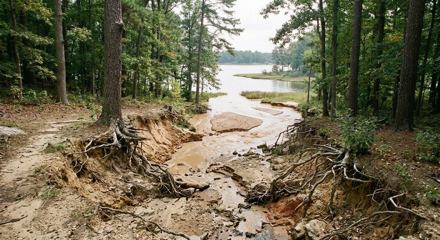 Illustrative example: a wooded slope cut by a raw runoff gully with exposed roots.