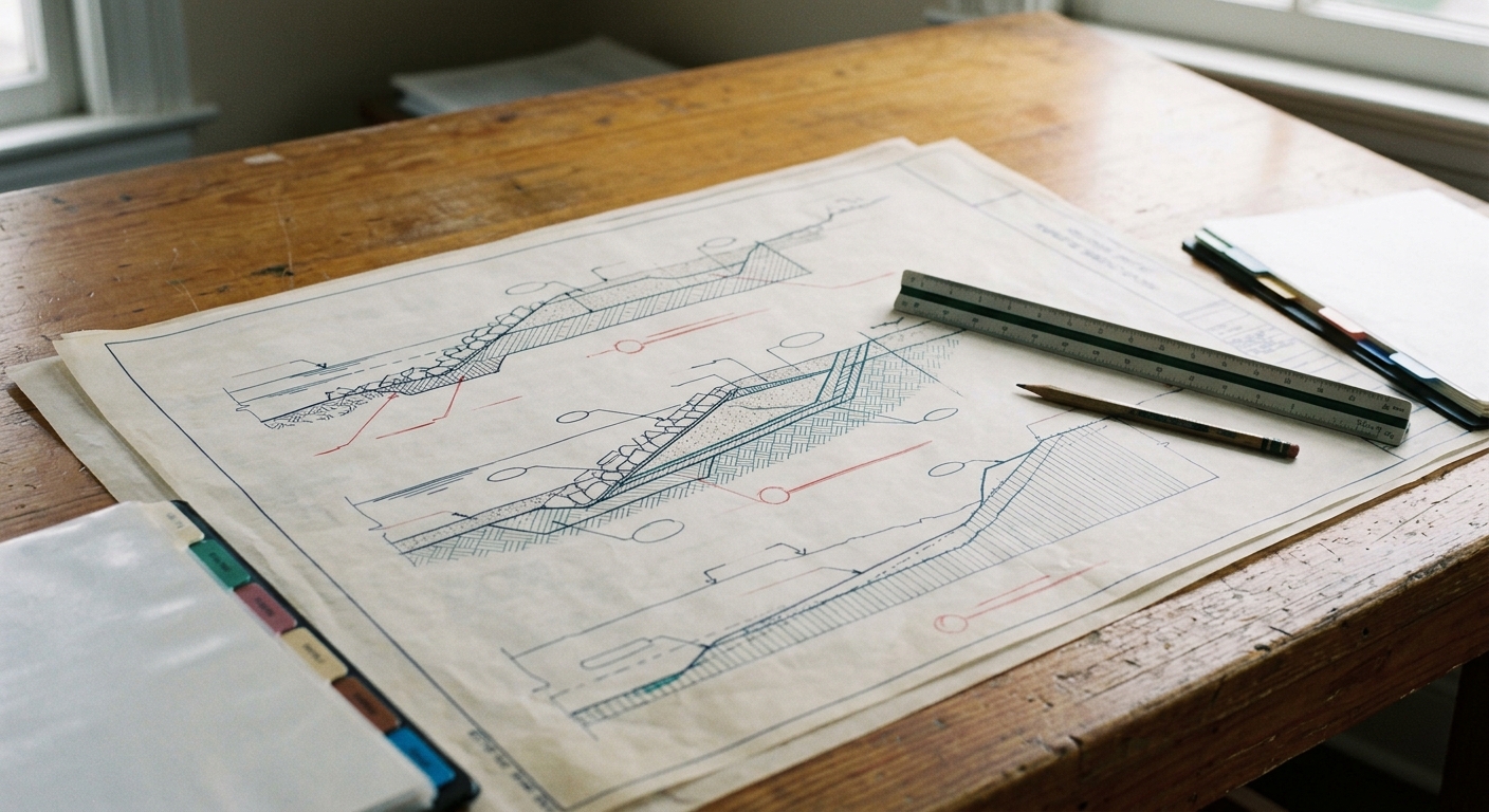 Shoreline cross-section drawings, a scale ruler and pencil on a plan table.