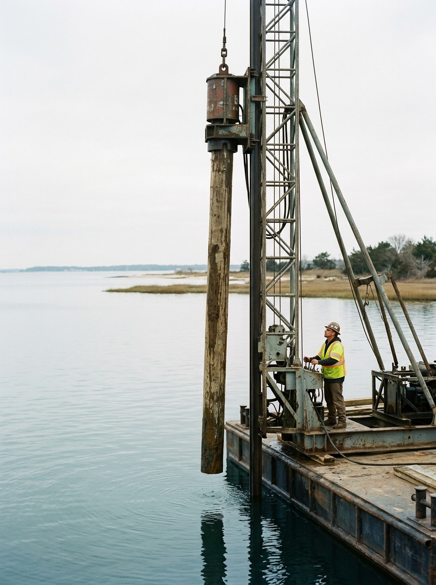 A marine contractor at a barge-mounted pile driver with a timber pile mid-drive.