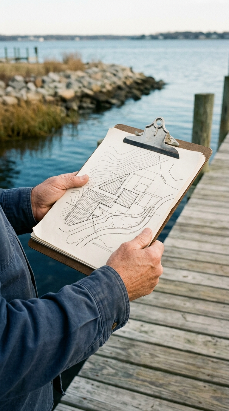 Hands holding site plans on a clipboard on a dock, bay water soft behind.
