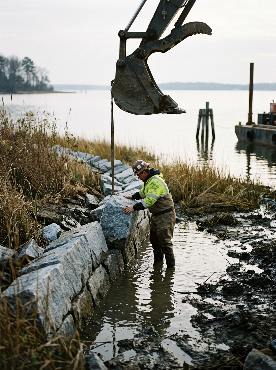 A worker in waders guiding a granite stone into place beneath an excavator bucket.
