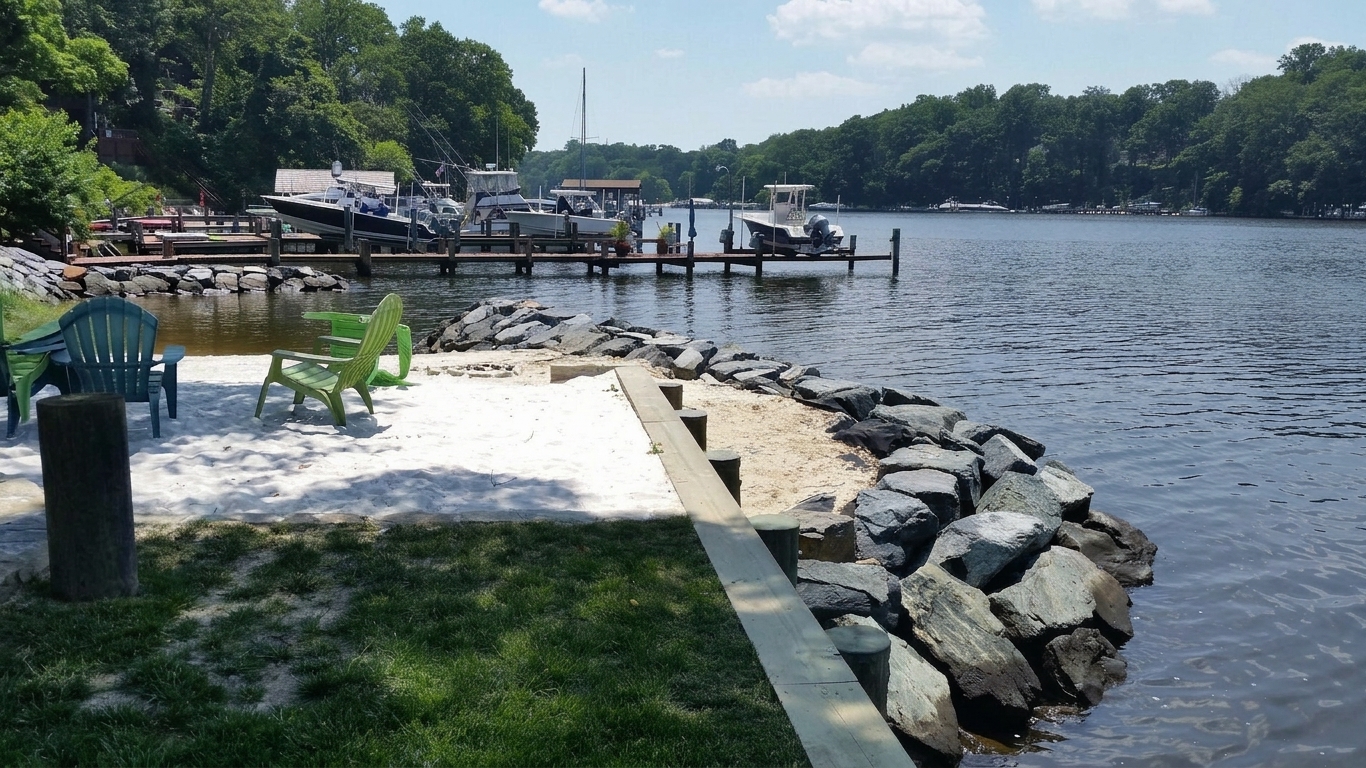 The new beach, stone and docks of a WEDC Severn River project, with boats moored beyond.