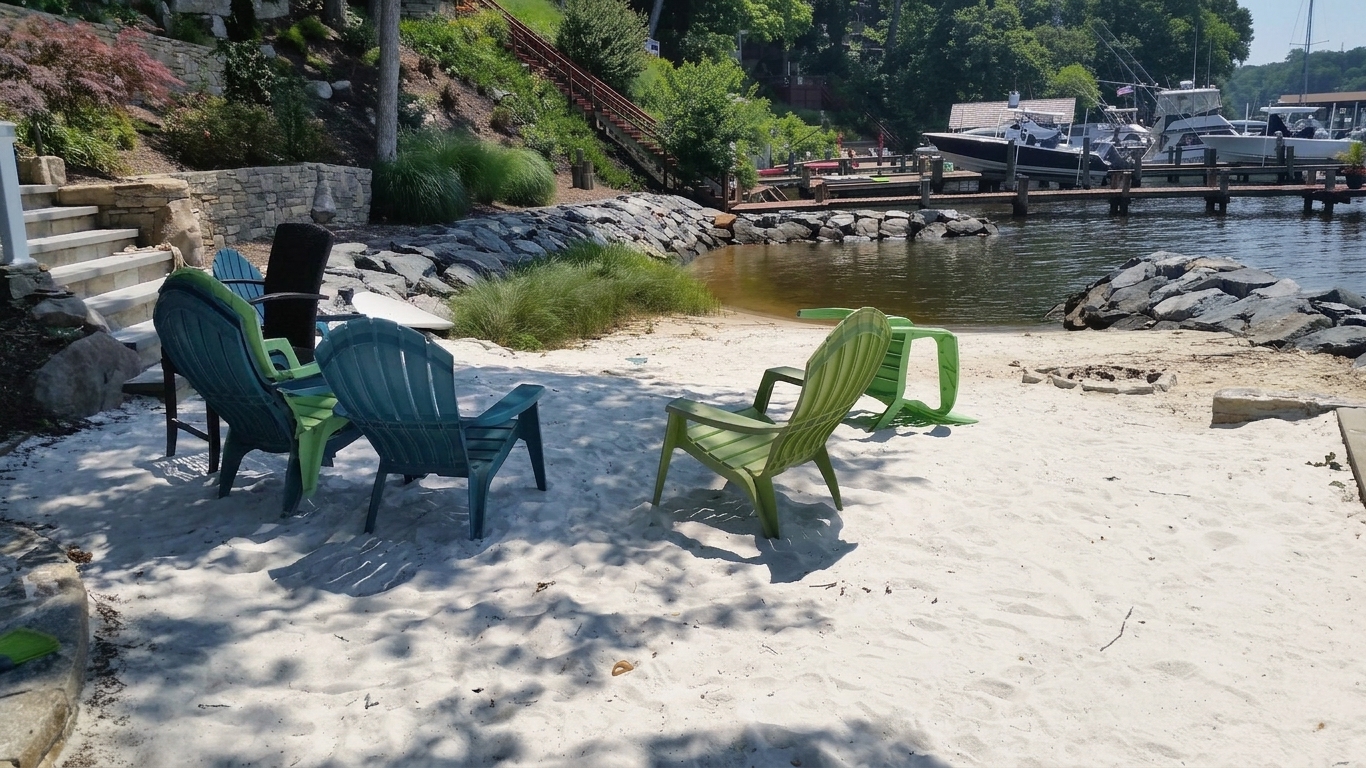 Adirondack chairs on the replenished Severn River beach below the new stone steps.