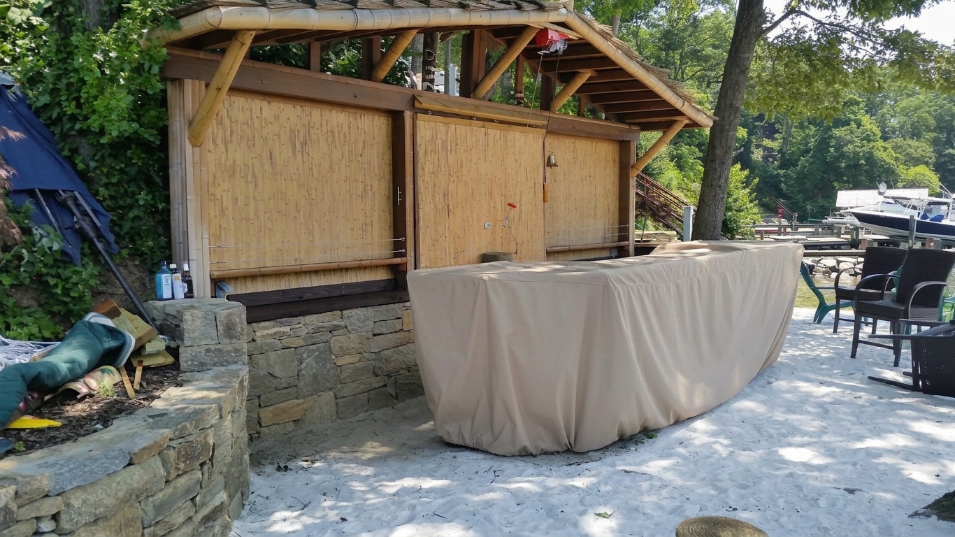 A stone-walled outdoor bar on the new Severn River beach.