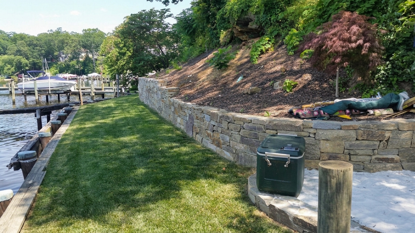 A stone retaining wall holding the hillside above a level lawn on the Severn River.
