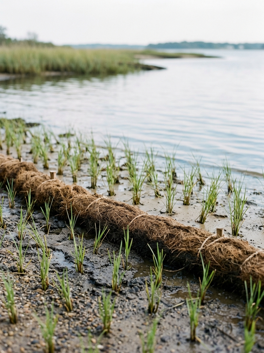 Close view of newly planted spartina marsh grass plugs in sand beside coir fiber logs.