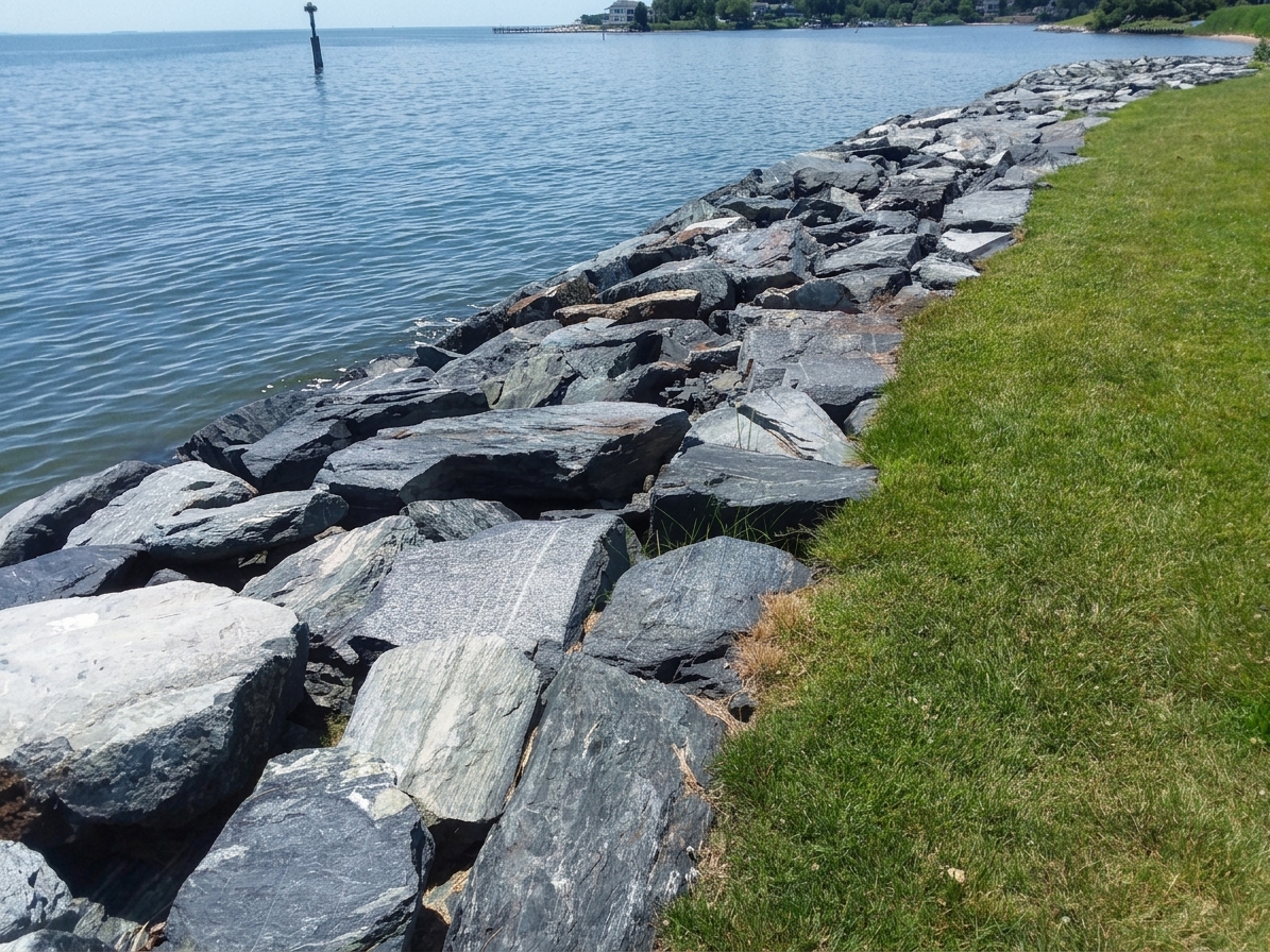 Turkey Point, 2019: the existing stone edge along a mown lawn before reconstruction.