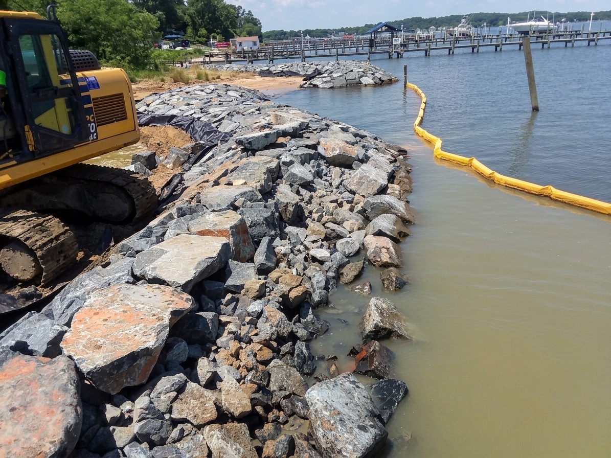 Turkey Point, 2019: an excavator placing stone behind a yellow turbidity curtain.