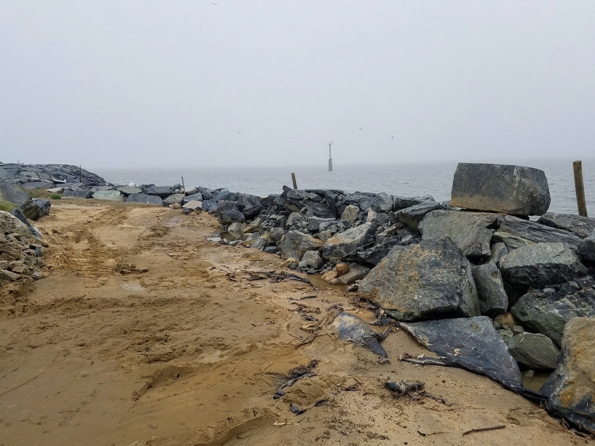 Before: Turkey Point, 2019 — a failing sandy edge with tumbled stone.
