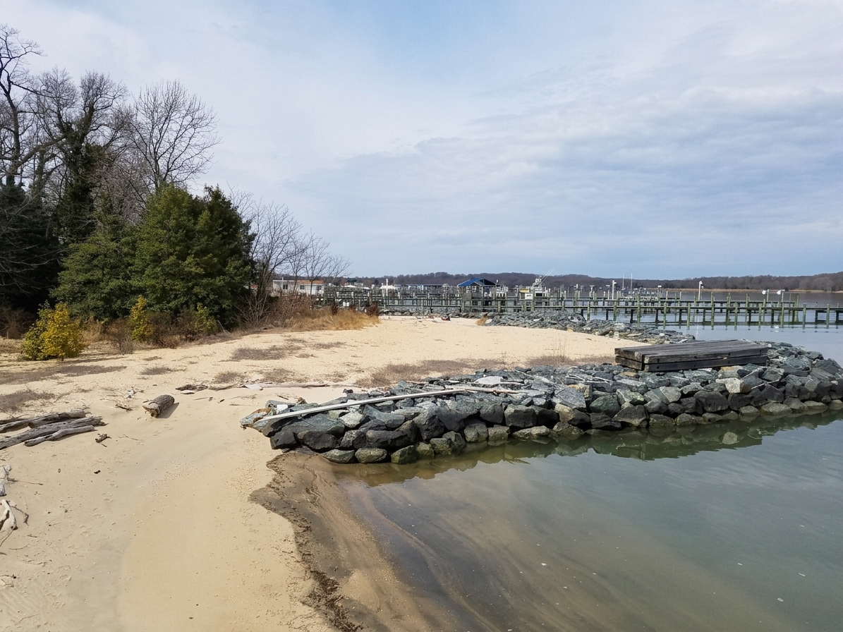 Turkey Point, 2019: the stone sill taking shape along the sandy shoreline.
