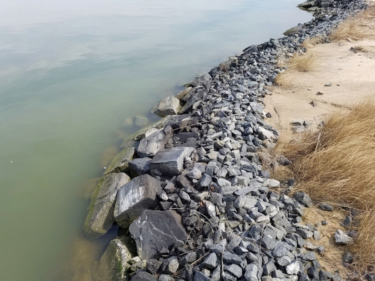 Turkey Point, 2019: a freshly placed rock toe against sandy fill.